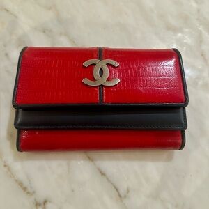 CHANEL Red and Black Leather Wallet with Logo